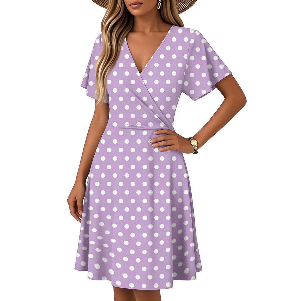 Women’s Flare-Sleeve Short-Sleeve Casual Dress Polka-Dot Printed V-Neck Dress