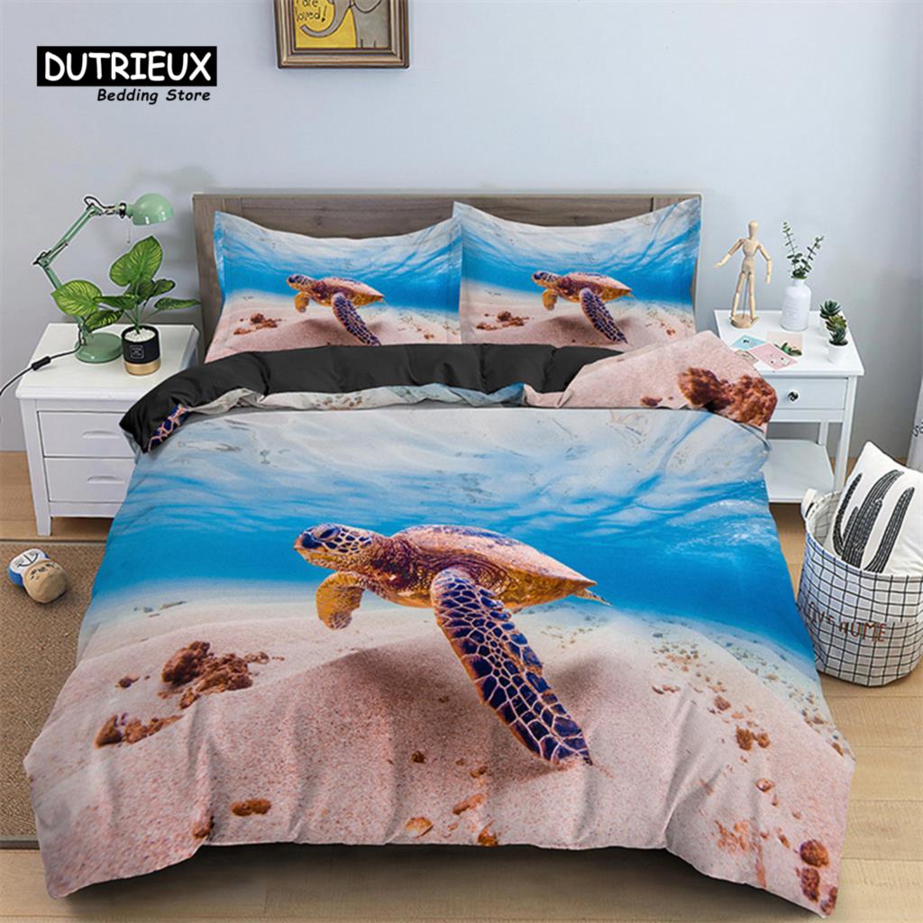 Cartoon Fish Dolphin Turtle Ocean Toddler Bedding Set For Kids Marine Themed Duvet Cover Microfiber Sea Creatures Quilt Cover
