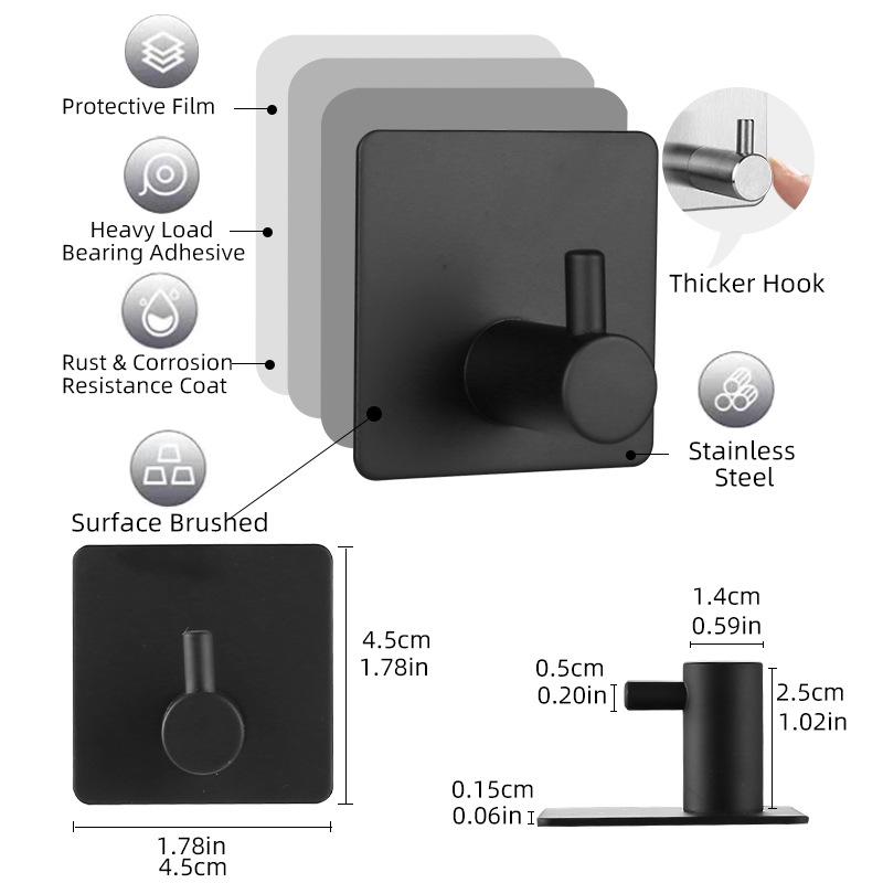 Stainless Steel No-Drill Adhesive Hook for Bathroom/Kitchen – Black
