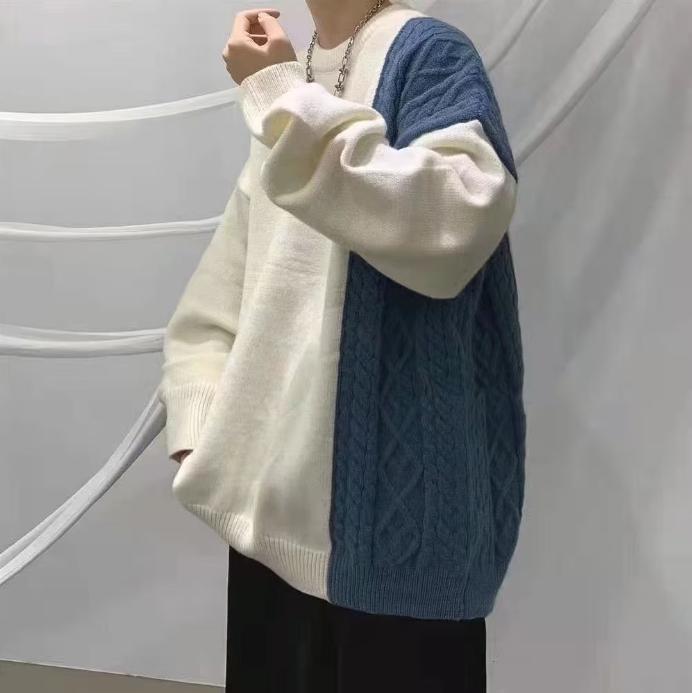 Long-sleeved Sweater Men's Crew Neck Autumn and Winter Trendy Brand Loose and Lazy Color Matching Twist Splicing Knitted Sweater Design Jacket