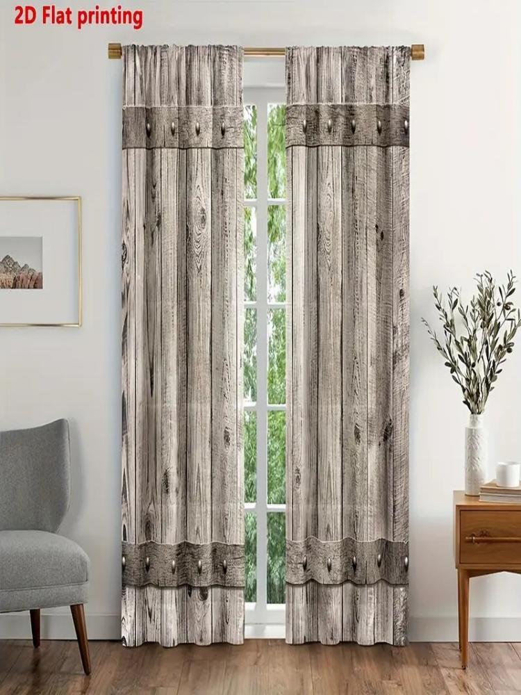 2pcs- Classic Barn Door Pattern Printed Curtains, Window Decorations, Home Decorations, Room Decorations