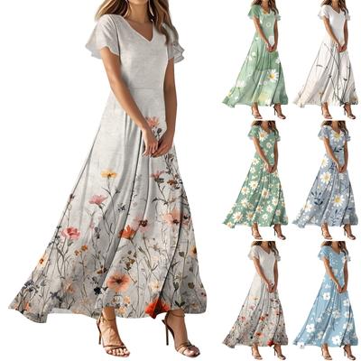 Women's Summer Casual Fashion Flower Prints Dresses V-Neck Short Sleeve Dresses