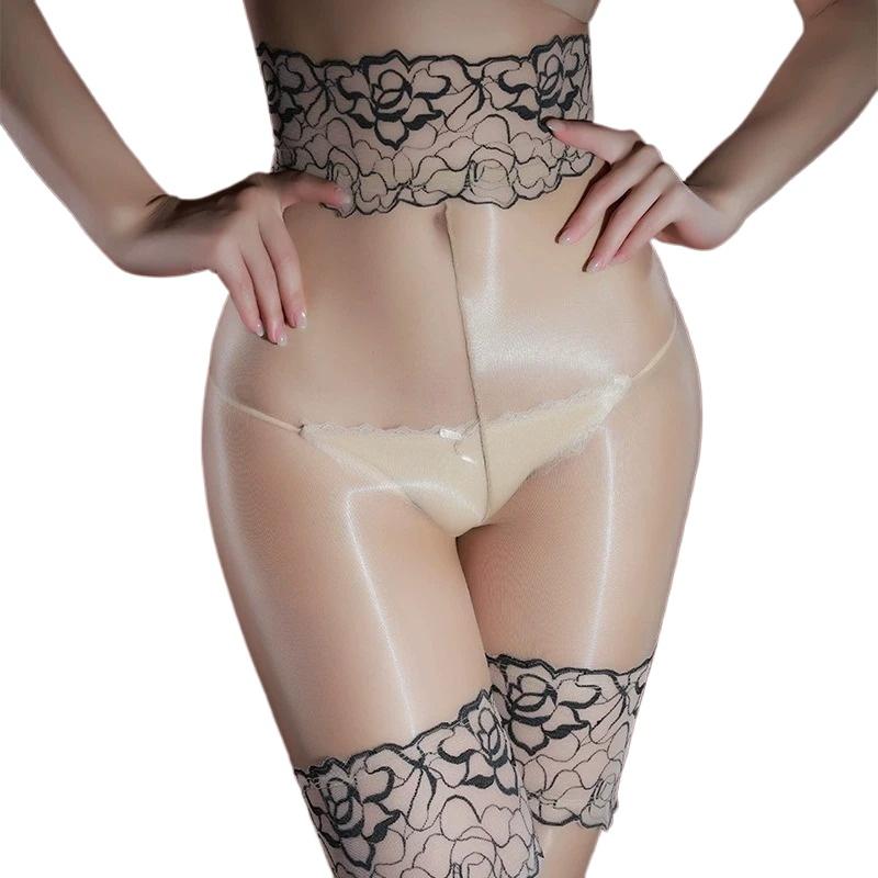 Lace High Waist Ultra Thin Transparent Pantyhose Party Women Sexy Shiny One Line Crotch Tights Ootd Fashion Self Pleasure Hot