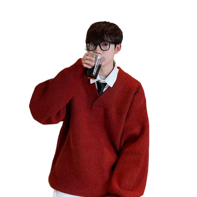 Autumn Winter 2025 Men's Casual Retro V-Neck Cardigan Sweater - Solid Color Knit Outerwear