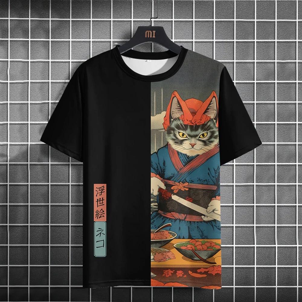 New Trend Cartoon Graphic T Shirt Japanese samurai Ninja Cat 3D Printed Funny Tshirts For Men Clothing Fashion Loose O Neck Tops