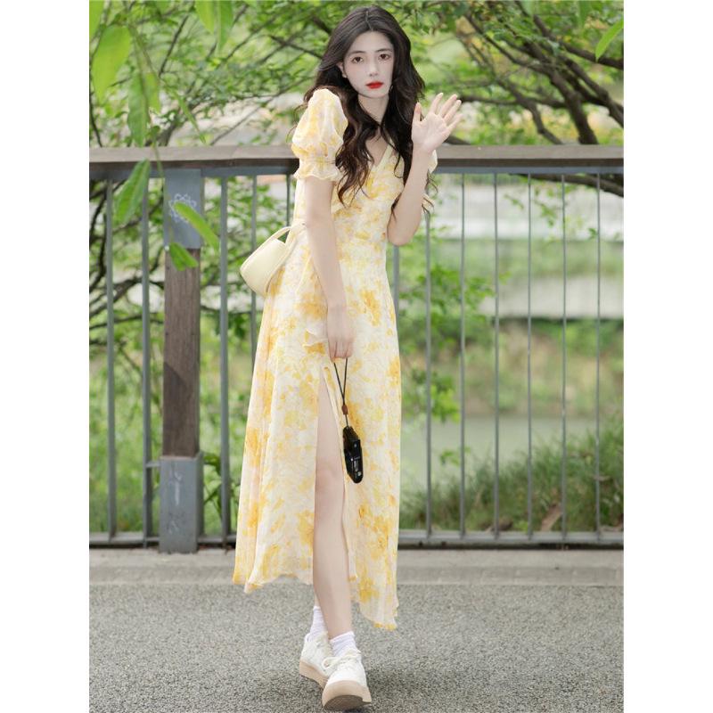 

Tea Break French Campanula Yellow Floral Chiffon Dress - Retro Style, Waist-Cinching, Summer Elegance for Women S ( 45 kg) жёлтый