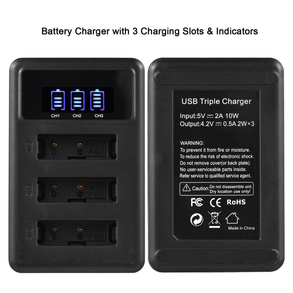 NP-BX1 Battery Charger 3-Slot with LED Indicators + 3pcs NP-BX1 Batteries 3.6V 1350mAh with USB