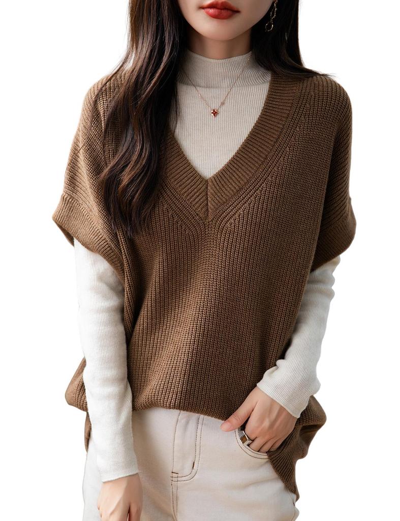 Women's V-neck Ribbed Wool Sweater Vest - Sleeveless, Loose Fit for Autumn/Winter.