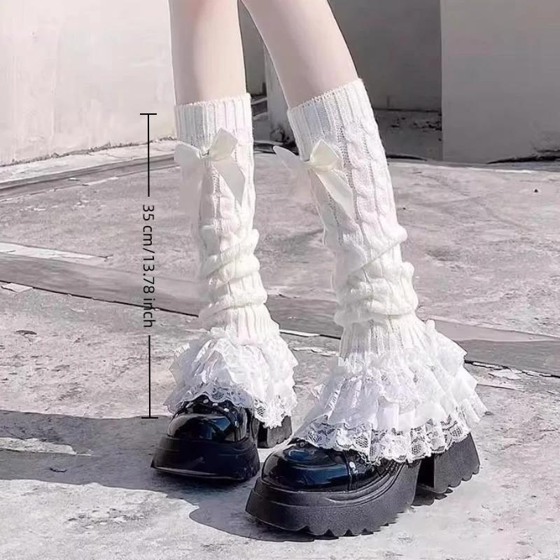 Lolita Leg Warmers For Women Ruffled Lace Kawaii Calf Leg Covers Jk Uniform Bowknot Knit Boot Cuffs Sweet Girls Gothic