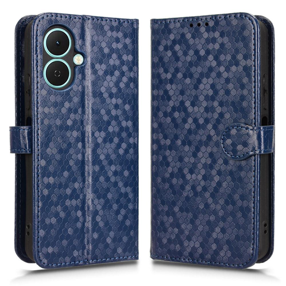 

For TECNO Spark Go 2 4G Wallet Case Dot Pattern Imprint PU Leather Phone Cover with Wrist Strap Dark Blue