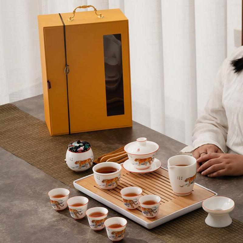 Dehua White Porcelain Sheep Fat Jade Kung Fu Tea Set Gaiwan Tea Cup Tea Tray Set Company Event Gift Souvenir