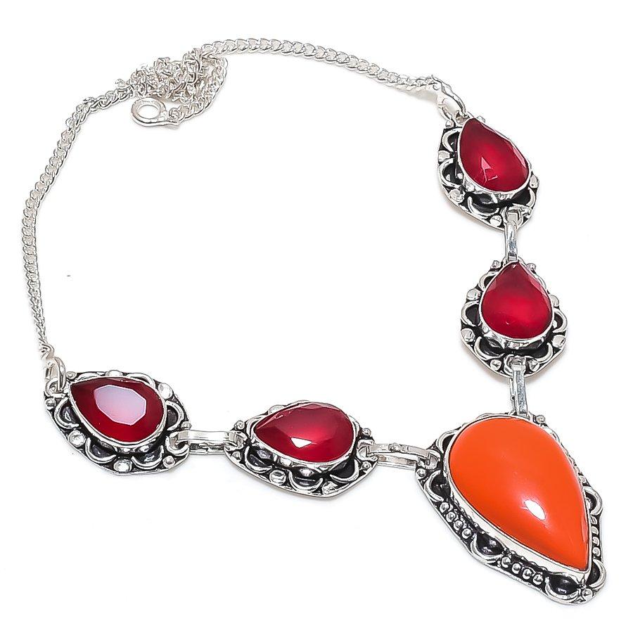 Natural Carnelian, Garnet Gemstone 925 Sterling Silver Jewelry Necklace 18" t2Q96