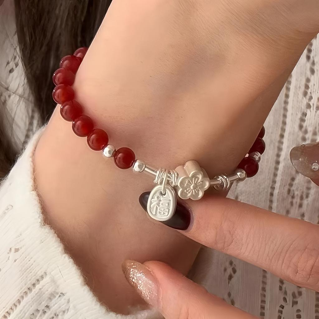 PANJBJ 925 Sterling Silver Red Agate Bead Bracelet for Women Fish Shape Retro Bead Design Versatile Jewelry Gifts Dropshipping