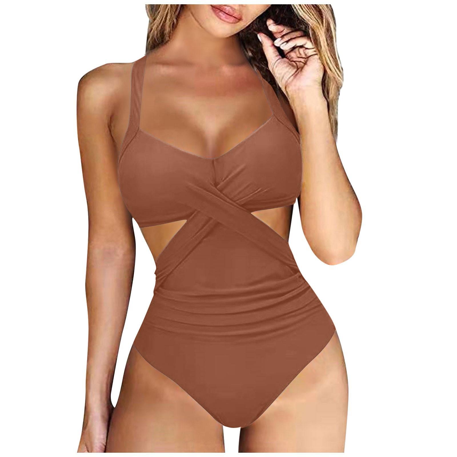 

Women s One Piece Swimsuit Cross Front Cut Out Backless Design Multi Panel Stitching Swimwear Beachwear M коричневий