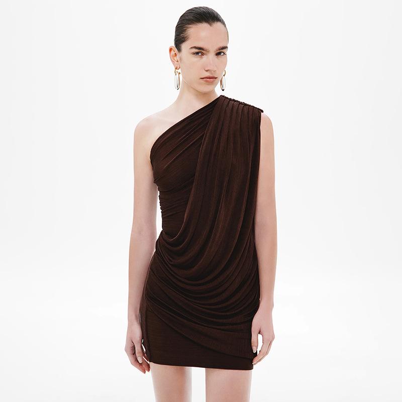 

2025 European One-Shoulder Sleeveless Bodycon Dress - Slim Fit, Solid Color, Autumn Style Large коричневий