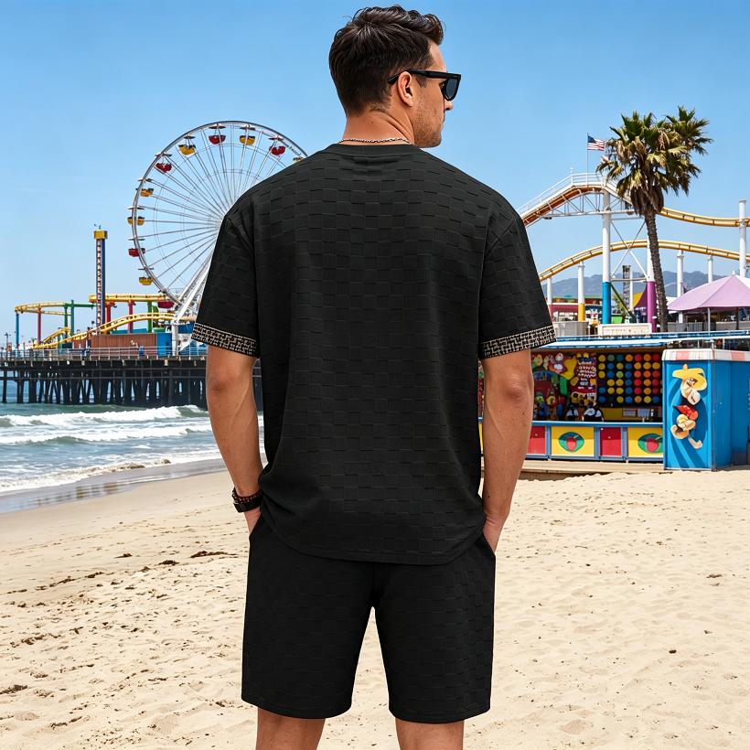 Men Waffle Grid Textured 2 Piece Outfits, Crew Neck Short Sleeve T‑Shirt Drawstring Elastic Waist Shorts Casual Summer Track Suit Set Multiple Colors