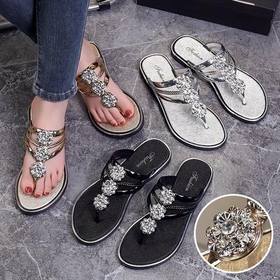 Elegante Strass-Blumen-Sandalen für Damen – bequeme Strand-Slipper mit flachem Absatz, lässige Ganzjahres-PVC-Flip-Flops