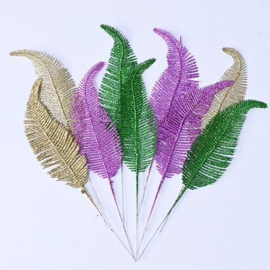 Yousheng Glitter Artificial Leaf with Stem Realistic Golden Green Purple Fake Fern Leaf Wedding Party Table Centerpiece Simulated Plants