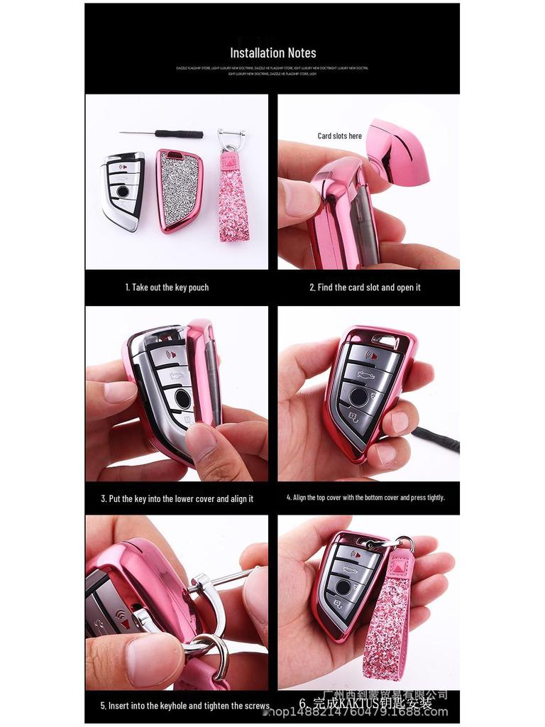 KAKTUS Rhinestone Car Key Shell Cover with Buckle for BMW 7 Series - Women's Protective Case