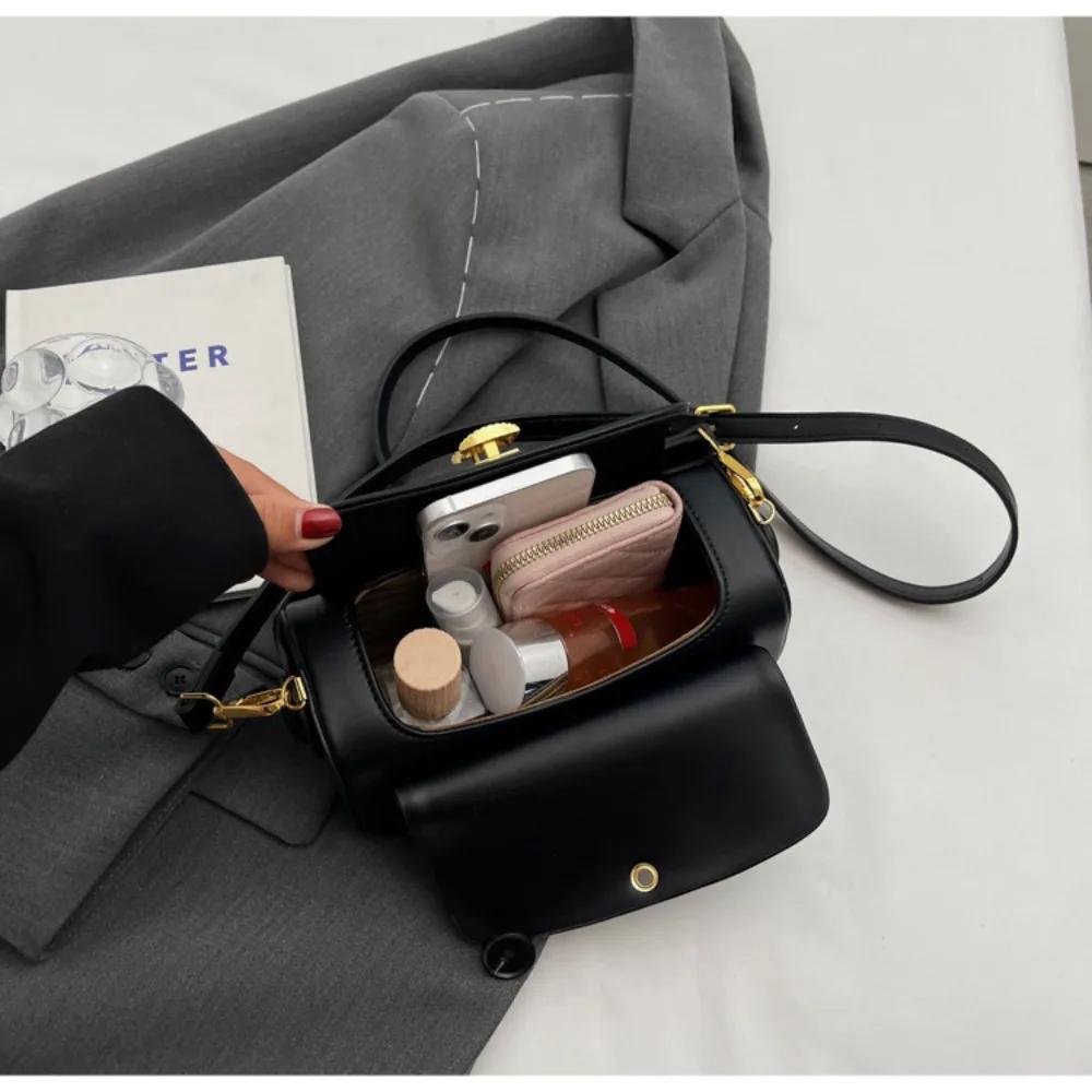 Black Shoulder Bag Women's Versatile Retro Crossbody Square Bags Large Capacity Textured Artificial Leather Flap Handbags