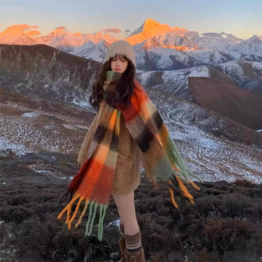 Winter Scarf For Women Luxury Cashmere Warm Rainbow Plaid Pashmina Blanket Shawl Thick Soft Bufanda Wraps Long Poncho Echarpe