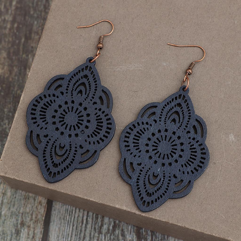 New Vintage Ethnic Style Long Wooden Earrings with Carved Patterns
