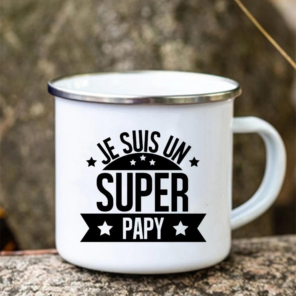 Super Papy Print Mugs Creative Coffee Cups Drink Water Tea Camping Cup Enamel Mug Outdoor Home Handle Drinkware Gift for Grandpa