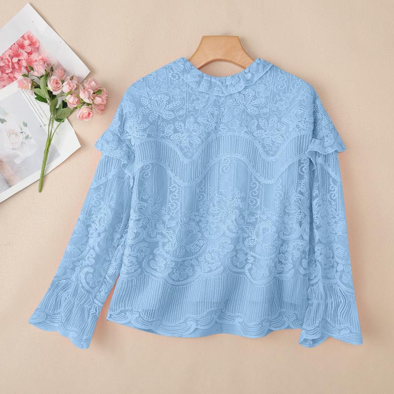 

ZANZEA Женская повседневная блузка с круглым вырезом, длинными рукавами, свободного кроя, с лоскутной отделкой и кружевом XL синий