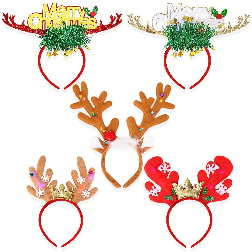 Christmas Plush Charming Reindeer Antlers Headband With Colorful Fairy Lights And Bells Perfect For Photos Holiday