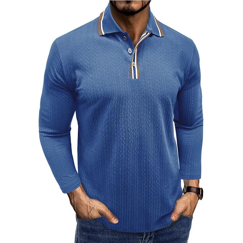 Men's Knit Long Sleeve Polo Shirts Turn Down Collar Business Casual Pullover Tops