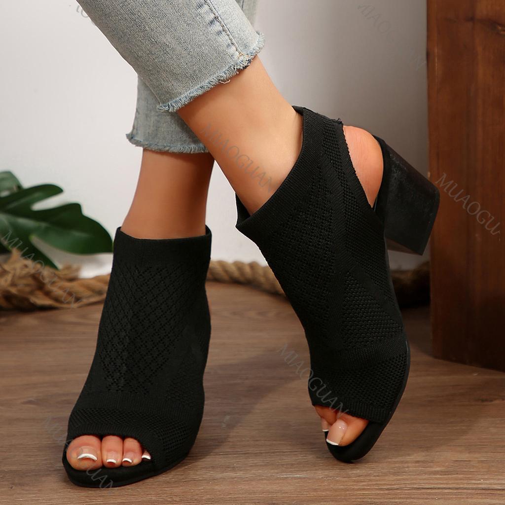 Fashion New High-heeled Sandals Summer Shoes for Women Black Mesh Breathable Peep Toe Casual Gladiator Slip on Women's Heels Sandales