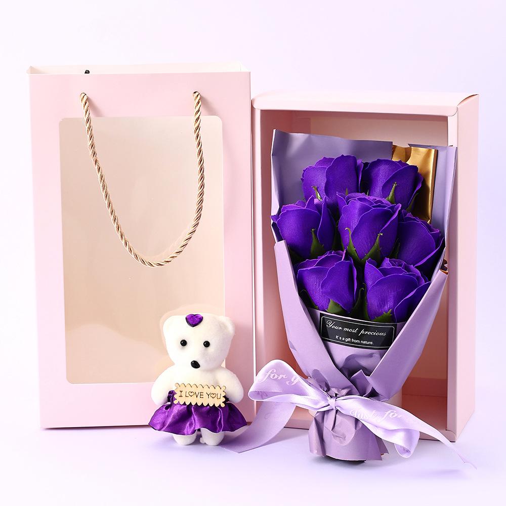 Valentine’s Day Mother’s Day Artificial Soap Rose Bouquet with Teddy Bear Gift Box Romantic Gift for Her Creative Home Decor
