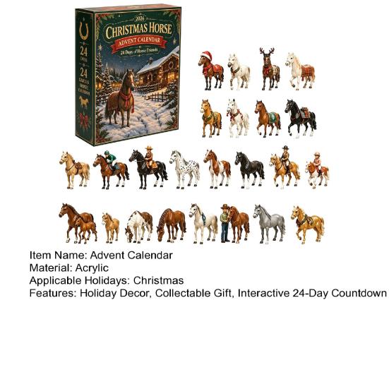 Holiday Surprise Gift Box Christmas Pony Advent Calendar, 24-Day Acrylic Ornament Set with Mini Decoration for Home Horse Figures, Tree