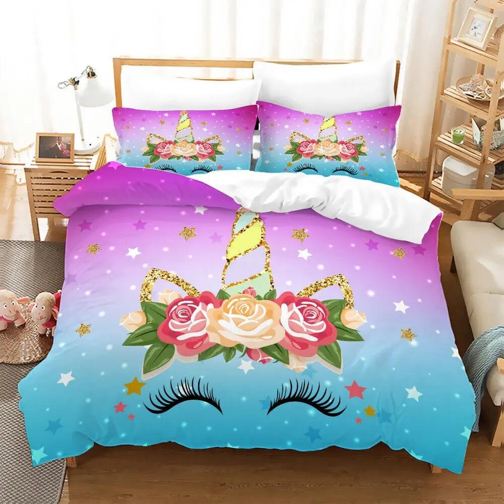 Unicorn Cute Bedding Set Single Twin Full Queen King Size Polyester Bedroom Duvet Cover Aldult Kids Comforter Quilt Cover Set