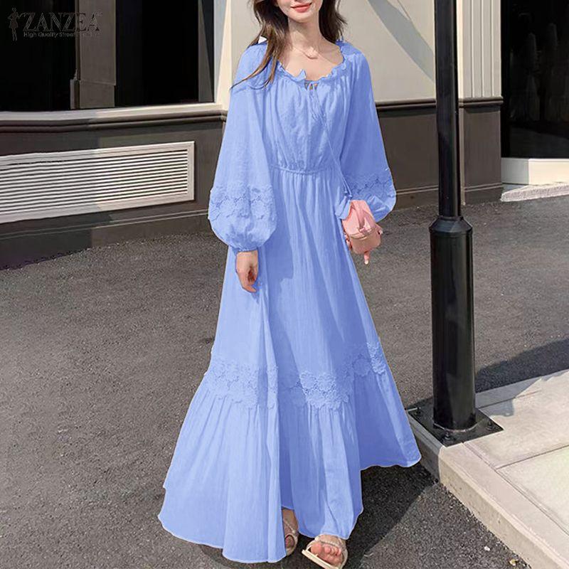 ZANZEA Women Bohemian Lace Crochet Patchwork Casual Long Sleeve Long Dress
