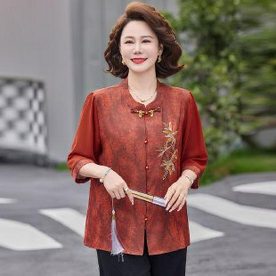 

Stylish Chinese-Inspired Mid-Sleeve Blouse for Middle-Aged and Elderly Women - Perfect Summer Top for Moms 5XL (145-160 jin)
