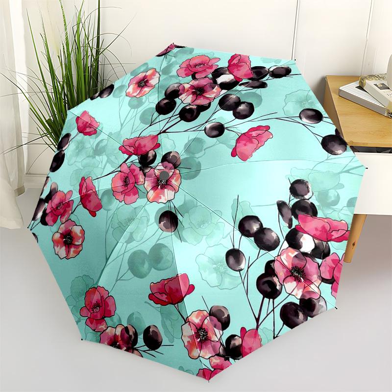 1pc Floral Pattern with Pink Flowers and Black Berries Umbrella with Plastic Handle,Suitable for All Seasons Umbrellaptys26057