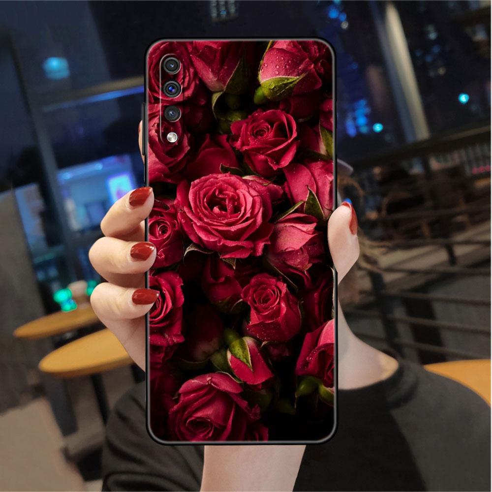 Case For Samsung Galaxy A50 A70 A30 A20s A20e A10 A40 A10s A10e M52 M51 M31 M30s M21 Black Phone Cover Bright Red Rose Flowers