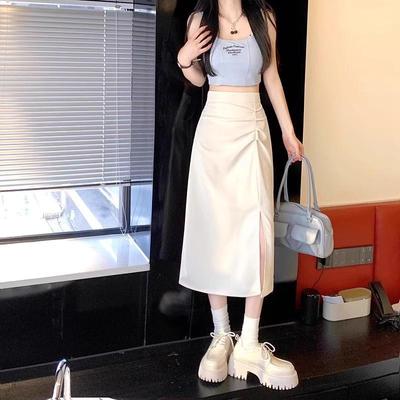 Spring 2024 High-Waist Korean Style Slim Midi Skirt with Slit for Women