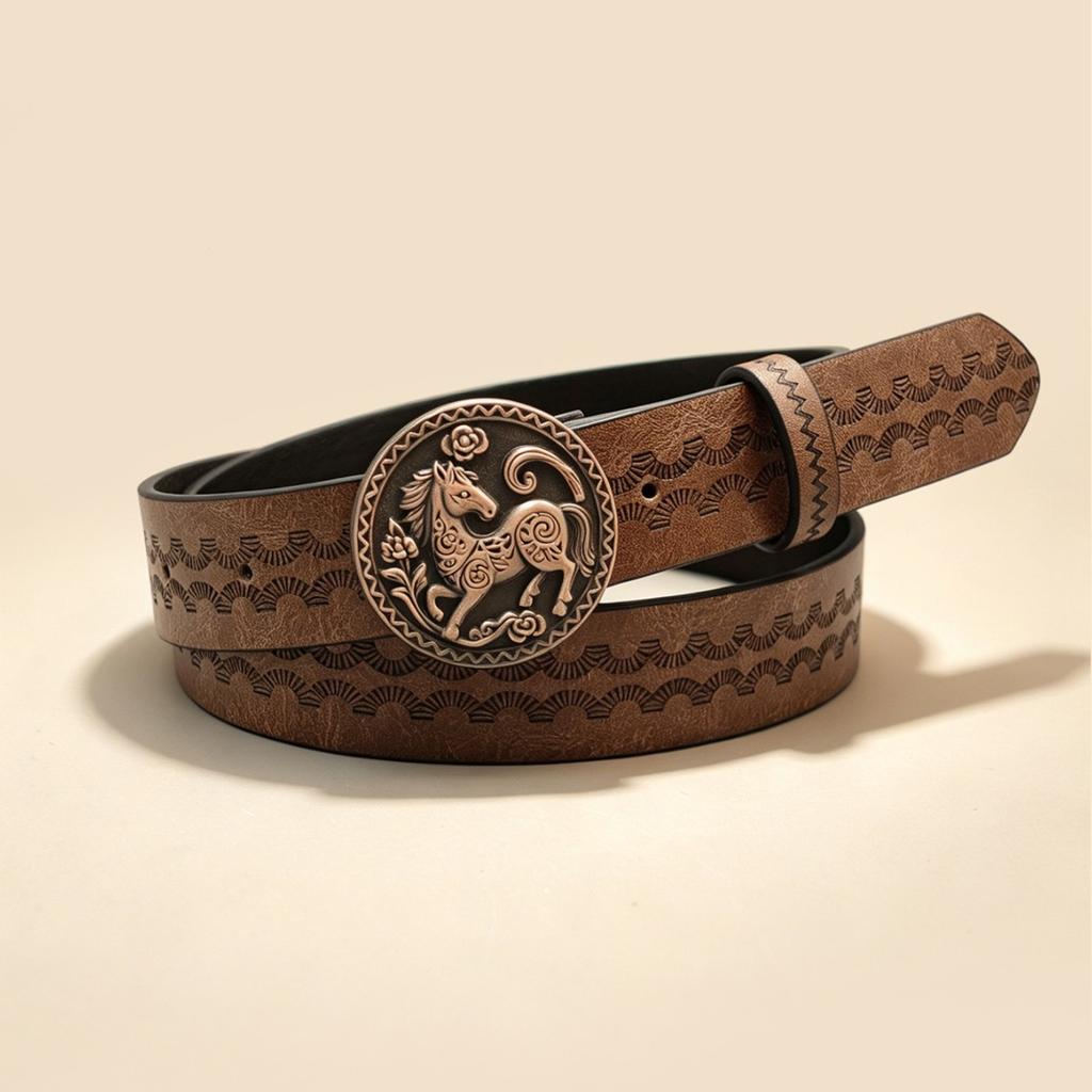 Vintage Western Style Round Buckle Belt, Embossed Women's Belt Wear Decorative Belt
