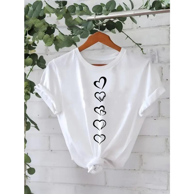 

European Size Women s Heart Print T-Shirt, Soft Casual Round Neck Short Sleeve Summer Daily Top, Women s T-Shirt 4XL білий