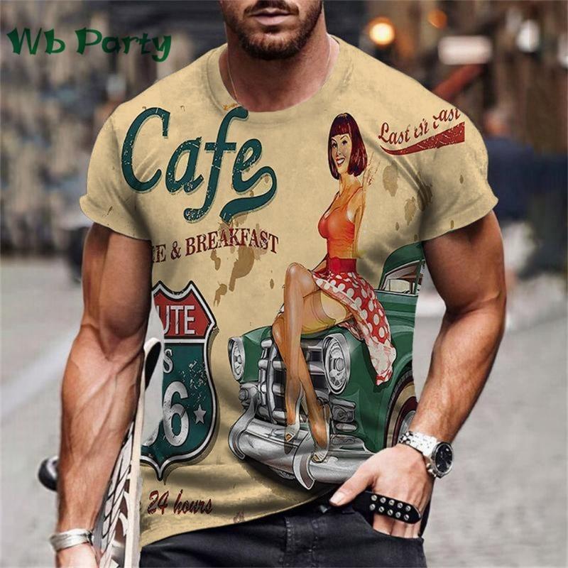 

Vintage Men s T-shirt Route 66 Biker Print T-shirts for Man Gym Clothing Short Sleeve XXS