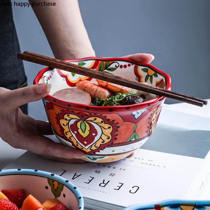 Ręcznie Malowana Ceramika Stołowa Europejska Podszkliwna Miska do Ryżu Nieregularna Miska do Sałatki Owocowej Domowy Talerz Śniadaniowy Zastawa Stołowa na Kolację