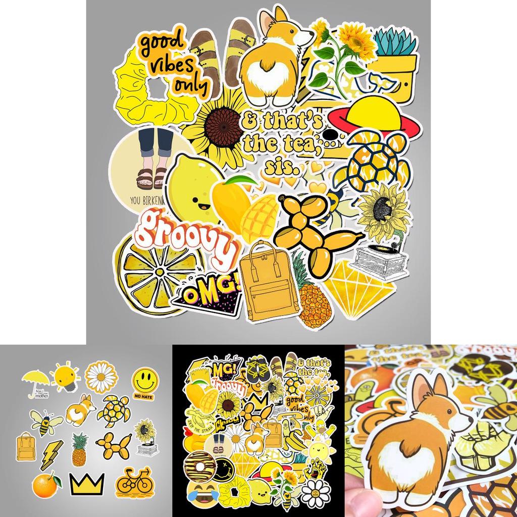 50 Pack Bright Yellow Waterproof Laptop Stickers With Cute Cartoon Designs For Travel