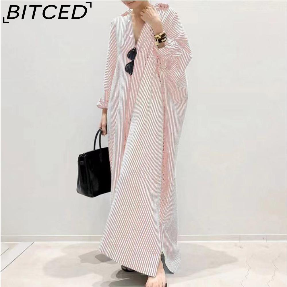 

BITCED Корейский стиль Женское длинное рукава на пуговицах Полосатая повседневная макси-рубашка платье XXXXXL розовый