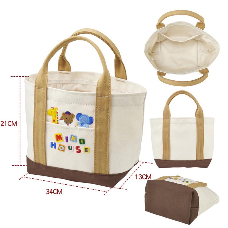 Cute Cartoon Bear Embroidered Color Block Canvas Tote Bag for Moms