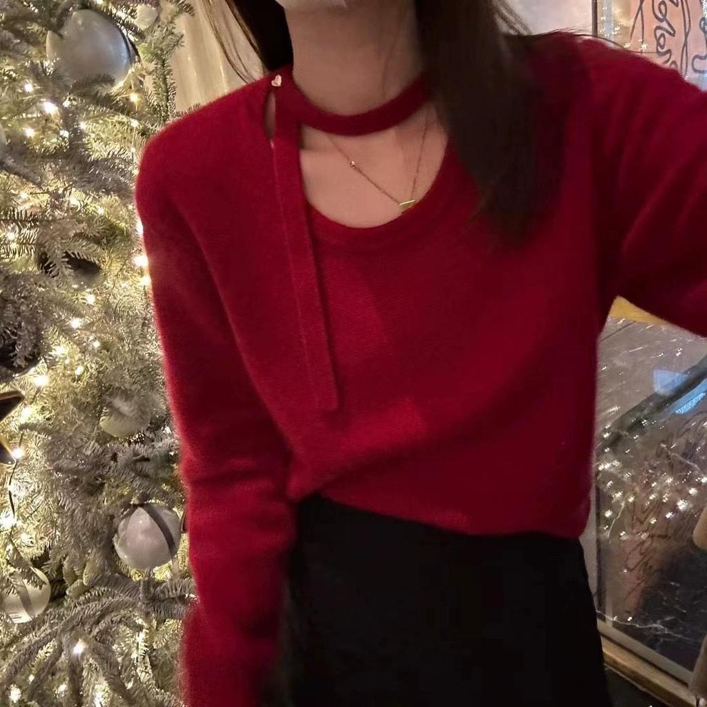 2025 Autumn/Winter New Korean Subtle Design Collar Ribbon Buckle Knit Sweater
