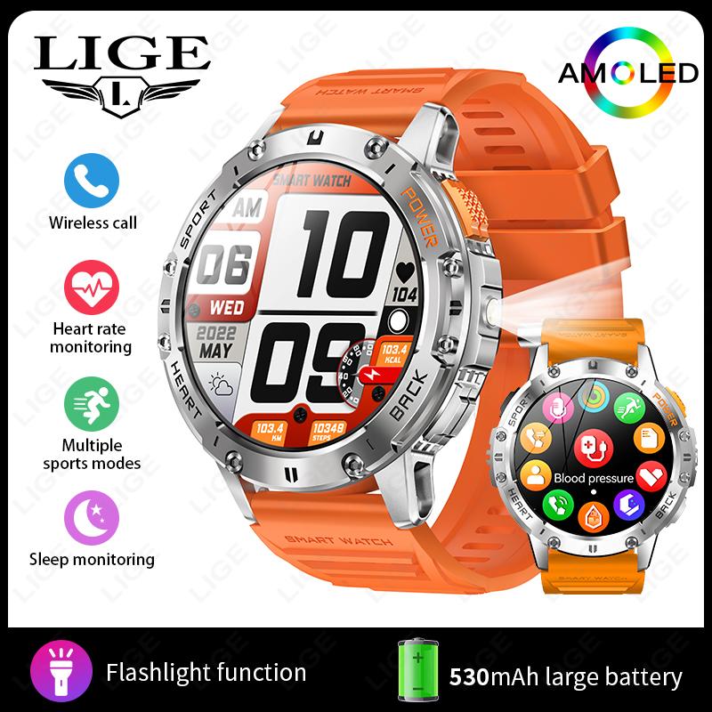 

530mah Large Battery Ourdoor Smartwatch Men BT Call Sports Fitness Bracelet With Flashlight AMOLED Smart Watches Waterproof