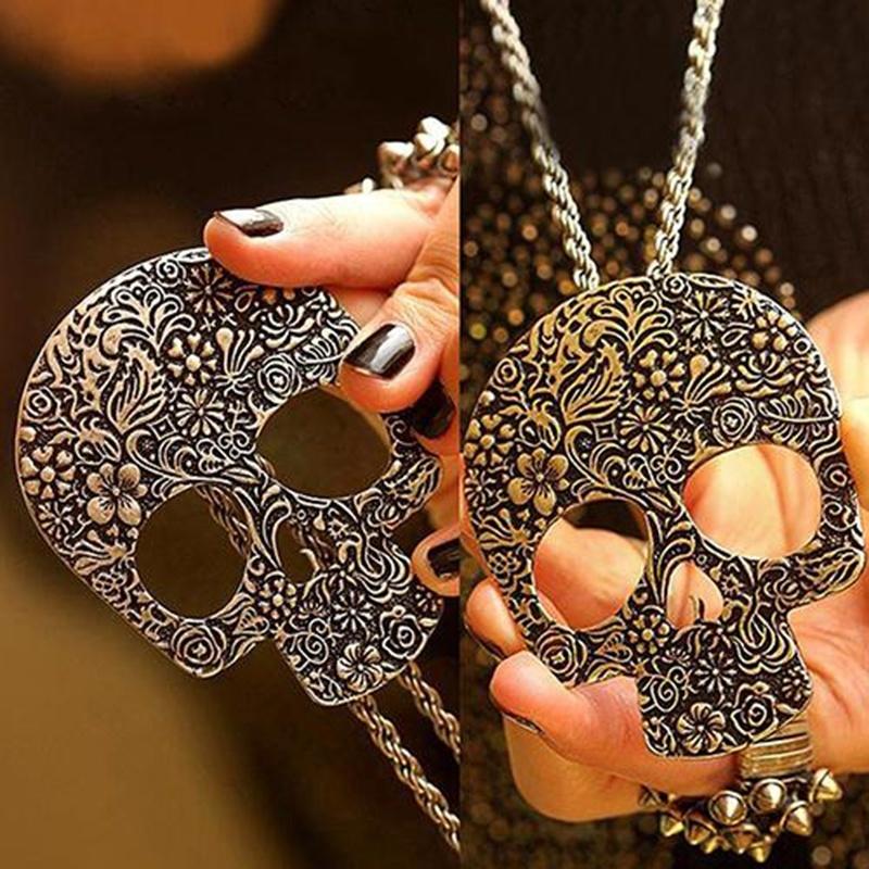 Women's Vintage Gothic Carved Flowers Skull Pendant Chain Necklace Long Sweater Chain Fashion Jewelr