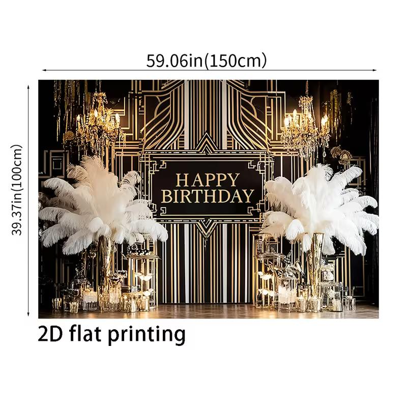 Sfondo 2D Art Déco Buon Compleanno, Decorazioni Festa Gatsby Nero Oro